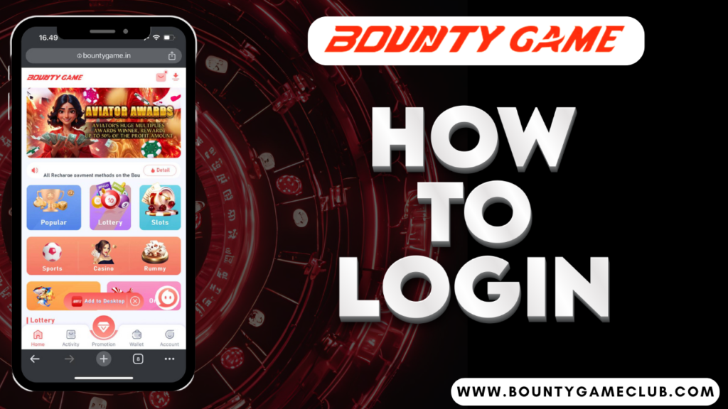 Banner for 'Bounty Game Login' with a red casino and Bitcoin theme, featuring the website www.bountygameclub.com